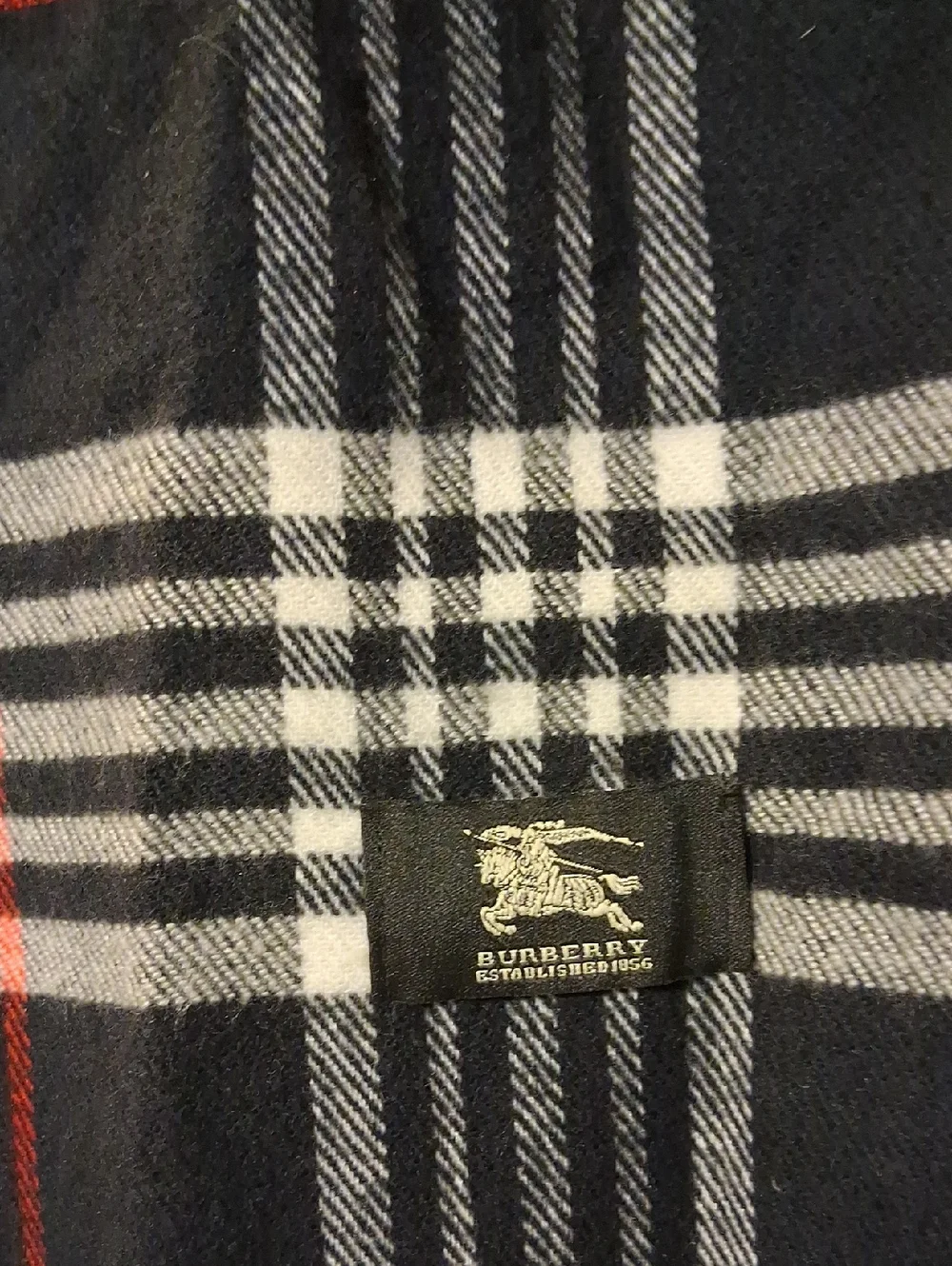 Black Plaid Burberry Cashmere Women's Scarf with Red Accent Stripe